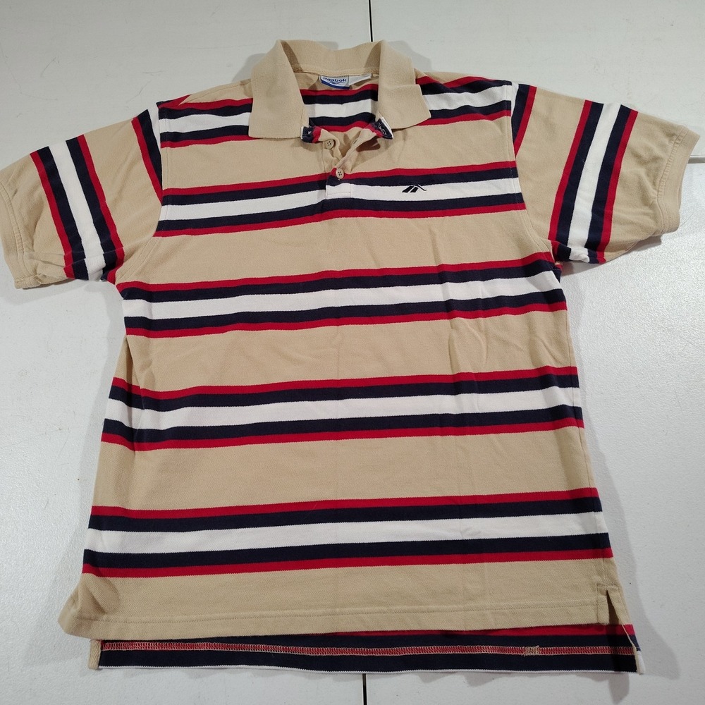 Reebok Polo Shirt Men M Beige Red/Navy Work Dad Activity Golf Stretch Outside